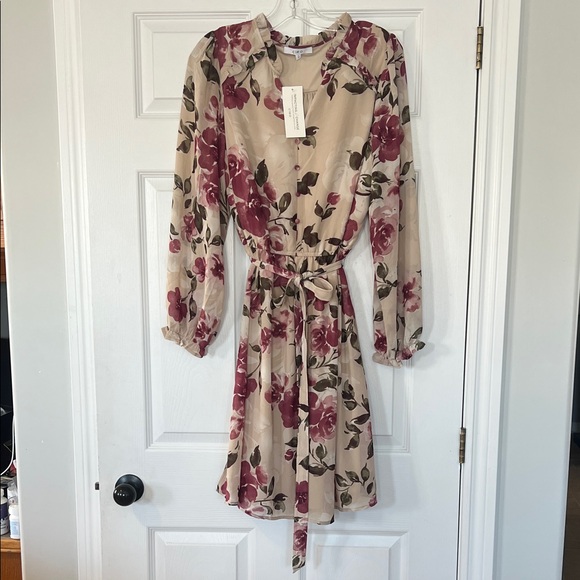 cleo Dresses & Skirts - Sold - Cleo Beige and Burgundy Floral Long Sleeve Dress